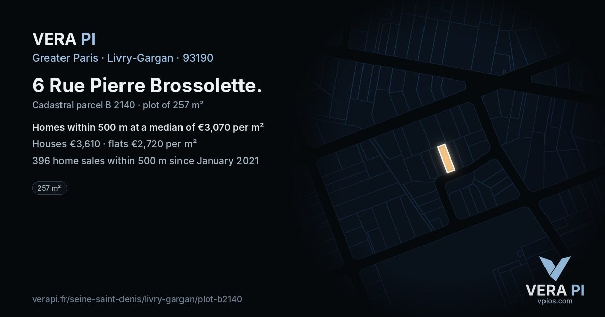 6 Rue Pierre Brossolette, Livry-Gargan at night – the plot lit, the parcels around coloured by the prices near them