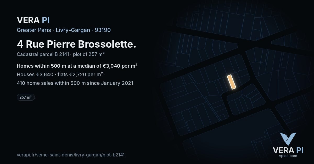 4 Rue Pierre Brossolette, Livry-Gargan at night – the plot lit, the parcels around coloured by the prices near them