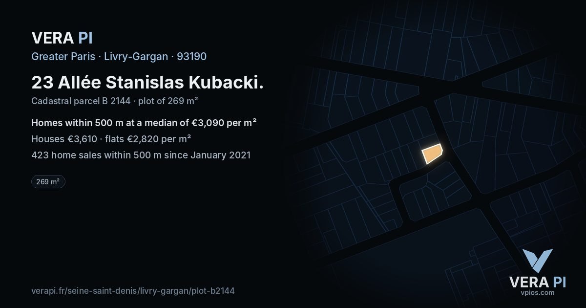 23 Allée Stanislas Kubacki, Livry-Gargan at night – the plot lit, the parcels around coloured by the prices near them
