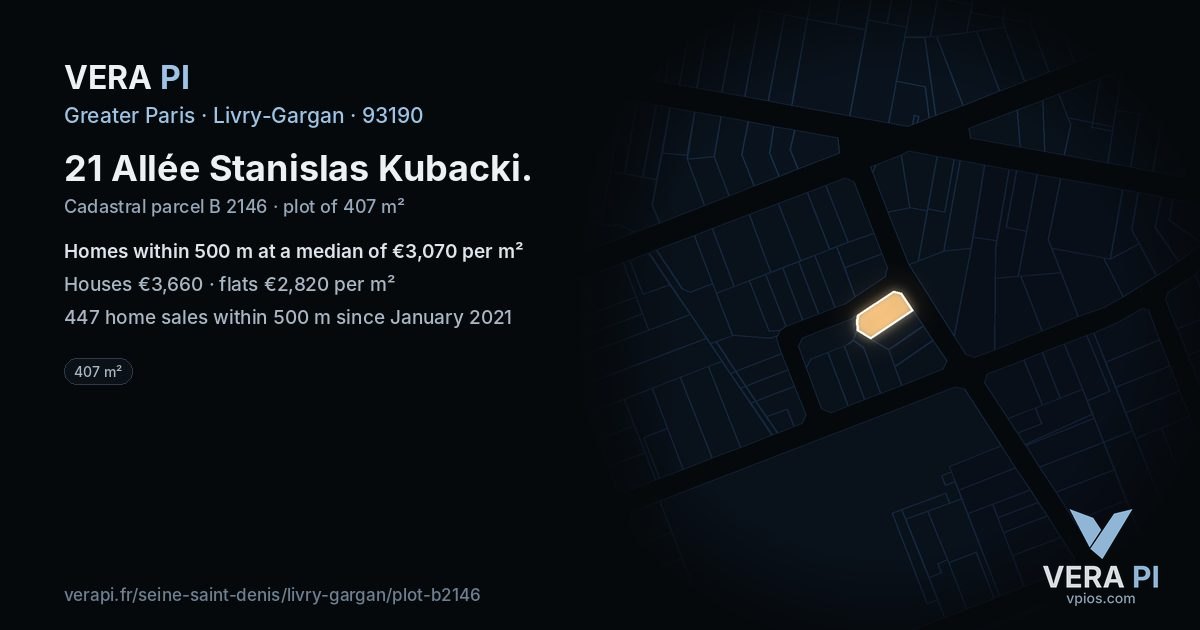 21 Allée Stanislas Kubacki, Livry-Gargan at night – the plot lit, the parcels around coloured by the prices near them