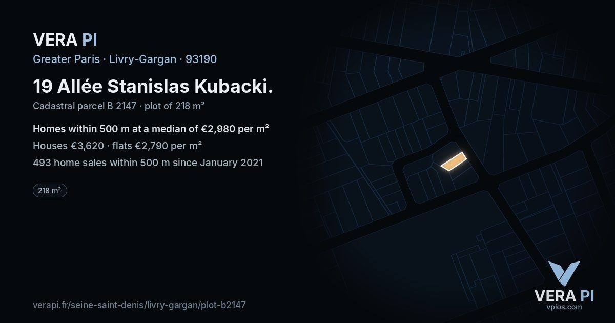 19 Allée Stanislas Kubacki, Livry-Gargan at night – the plot lit, the parcels around coloured by the prices near them