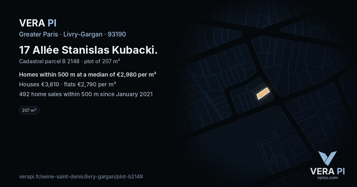 17 Allée Stanislas Kubacki, Livry-Gargan at night – the plot lit, the parcels around coloured by the prices near them