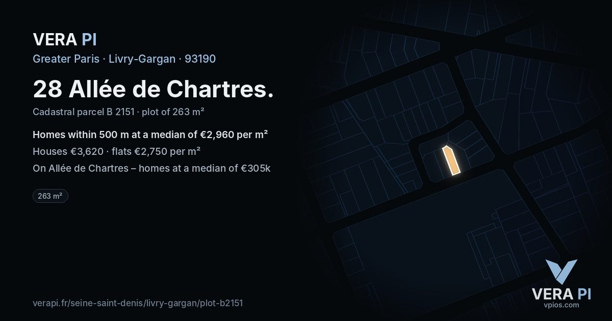 28 Allée de Chartres, Livry-Gargan at night – the plot lit, the parcels around coloured by the prices near them