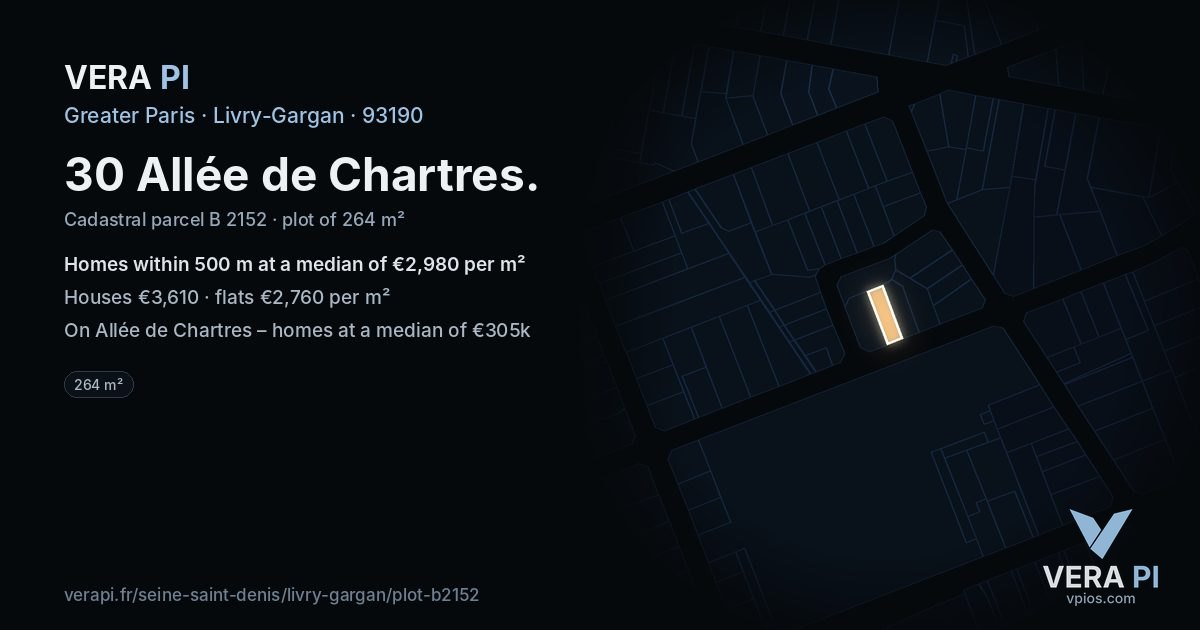 30 Allée de Chartres, Livry-Gargan at night – the plot lit, the parcels around coloured by the prices near them