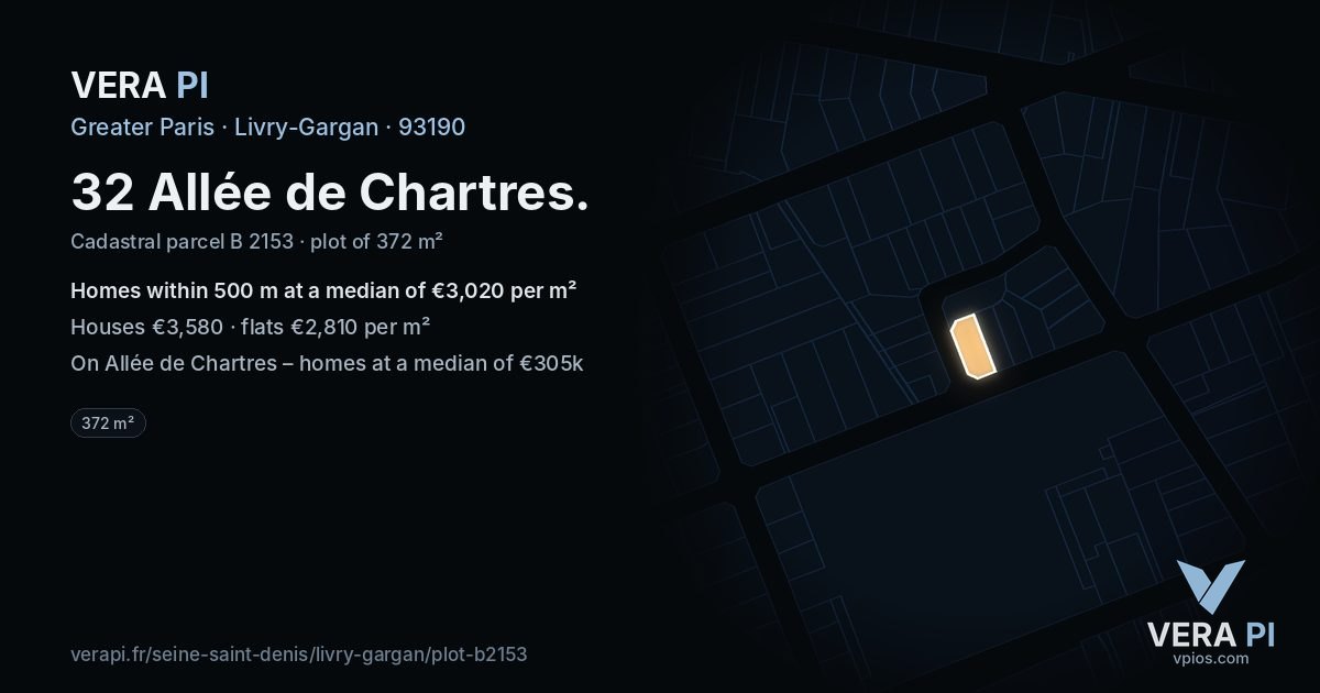 32 Allée de Chartres, Livry-Gargan at night – the plot lit, the parcels around coloured by the prices near them
