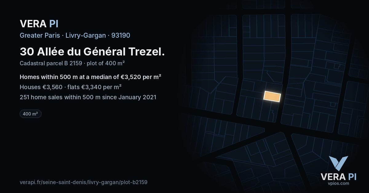30 Allée du Général Trezel, Livry-Gargan at night – the plot lit, the parcels around coloured by the prices near them