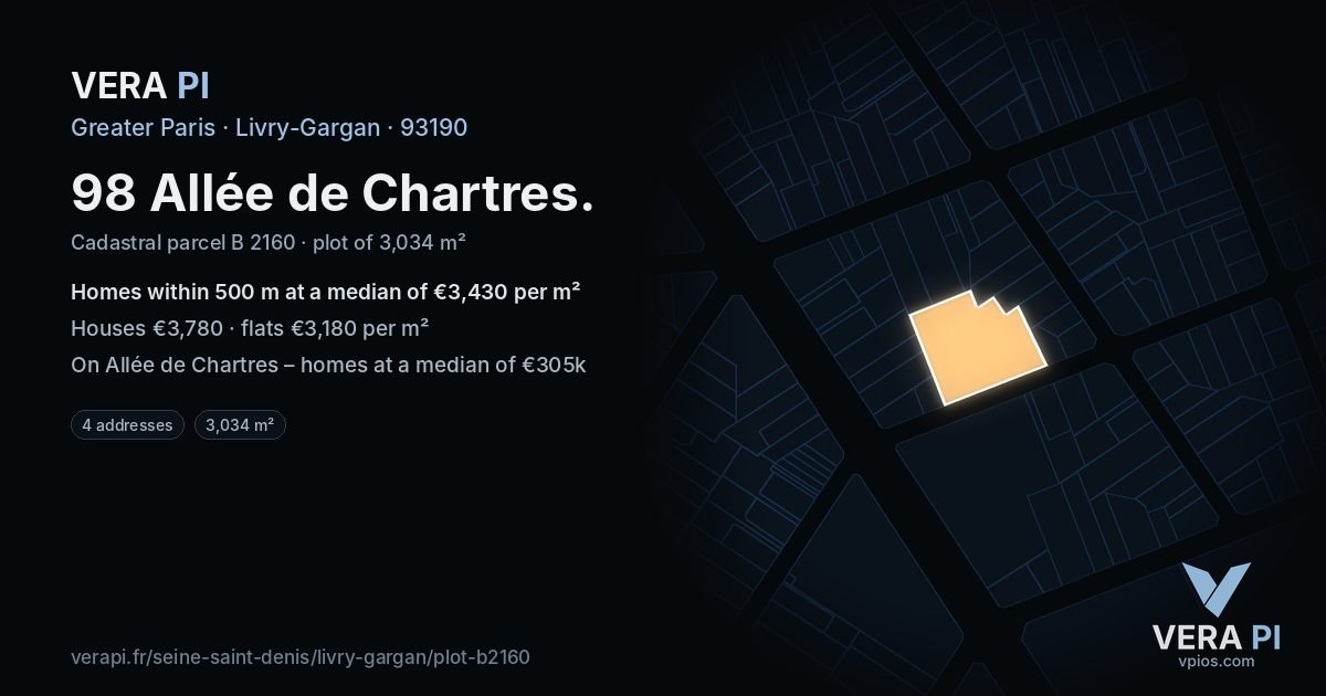 98 Allée de Chartres, Livry-Gargan at night – the plot lit, the parcels around coloured by the prices near them