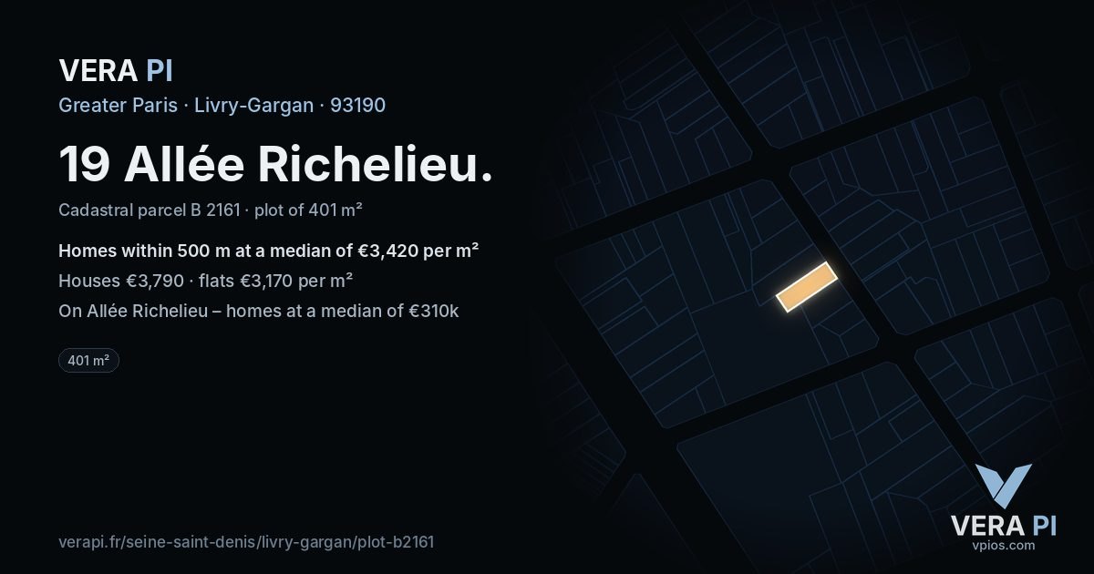 19 Allée Richelieu, Livry-Gargan at night – the plot lit, the parcels around coloured by the prices near them