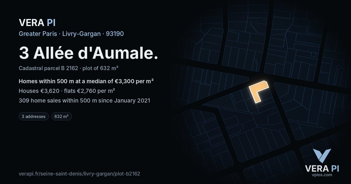 3 Allée d'Aumale, Livry-Gargan at night – the plot lit, the parcels around coloured by the prices near them