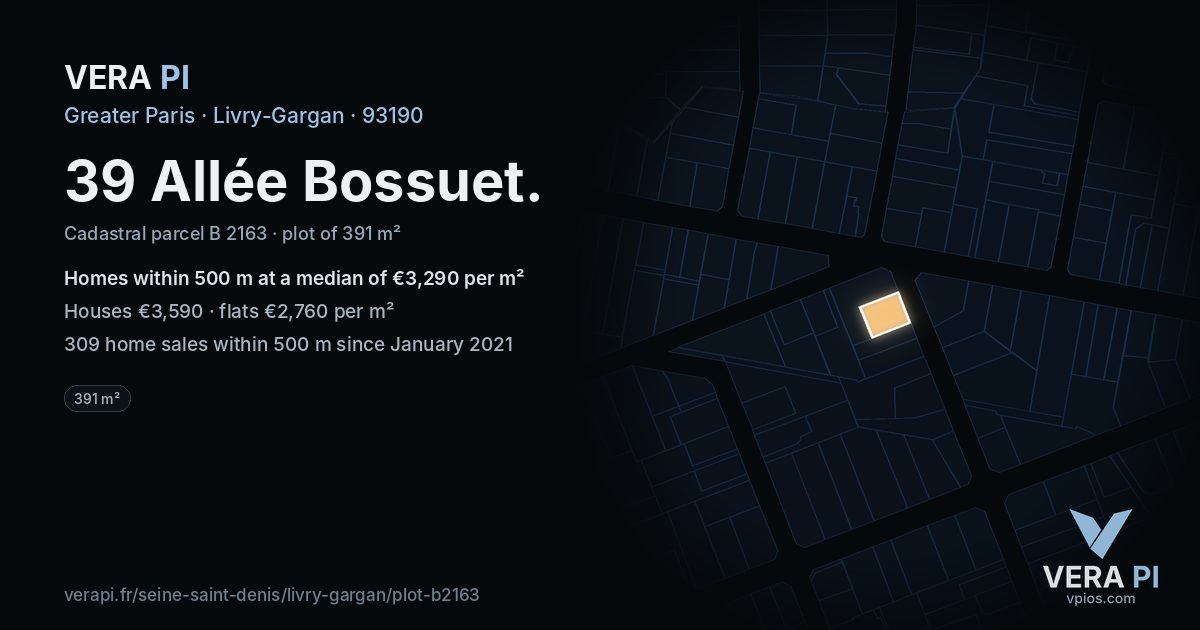 39 Allée Bossuet, Livry-Gargan at night – the plot lit, the parcels around coloured by the prices near them