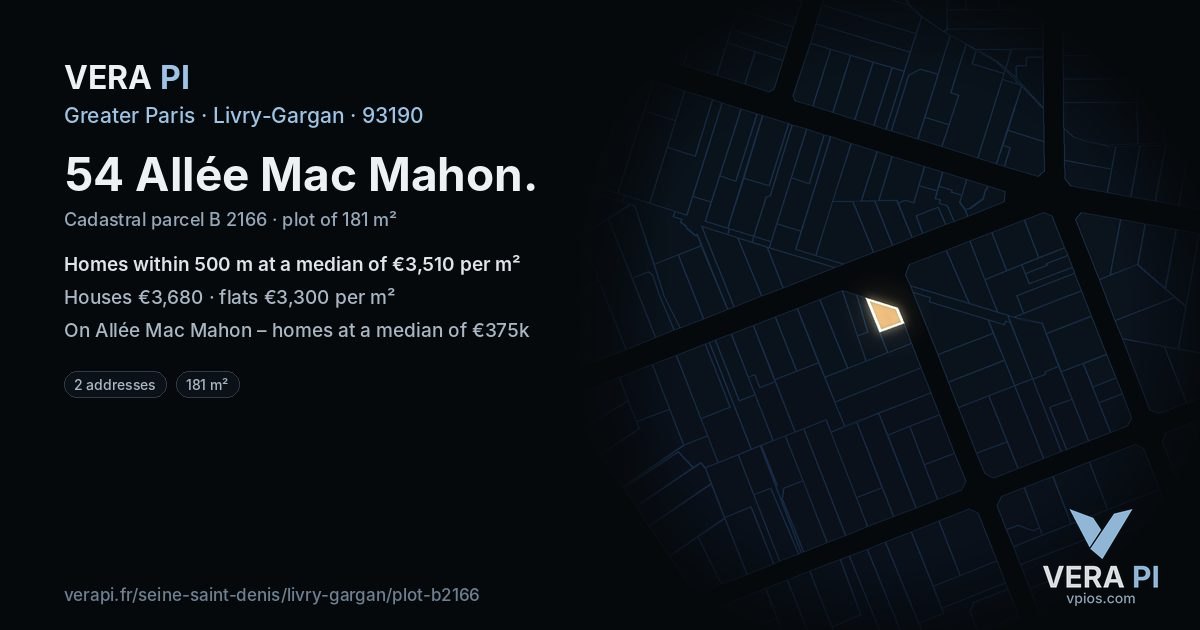 54 Allée Mac Mahon, Livry-Gargan at night – the plot lit, the parcels around coloured by the prices near them