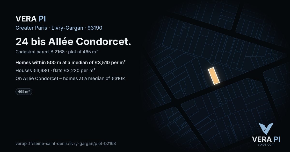 24 bis Allée Condorcet, Livry-Gargan at night – the plot lit, the parcels around coloured by the prices near them