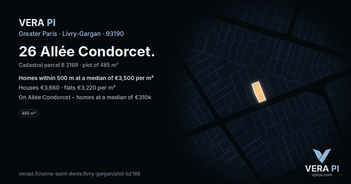 26 Allée Condorcet, Livry-Gargan at night – the plot lit, the parcels around coloured by the prices near them