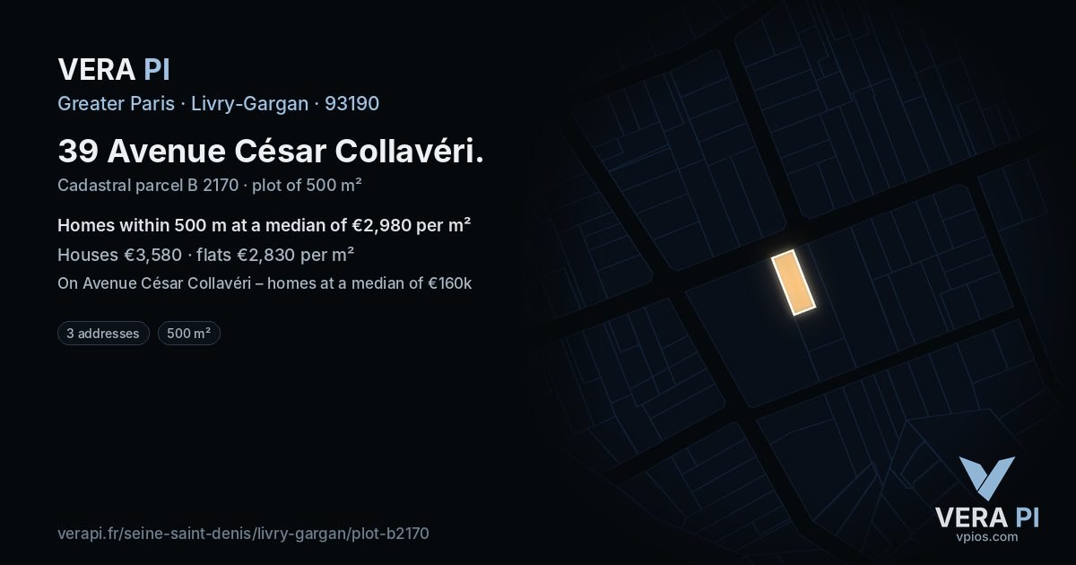 39 Avenue César Collavéri, Livry-Gargan at night – the plot lit, the parcels around coloured by the prices near them