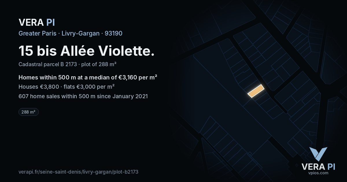 15 bis Allée Violette, Livry-Gargan at night – the plot lit, the parcels around coloured by the prices near them