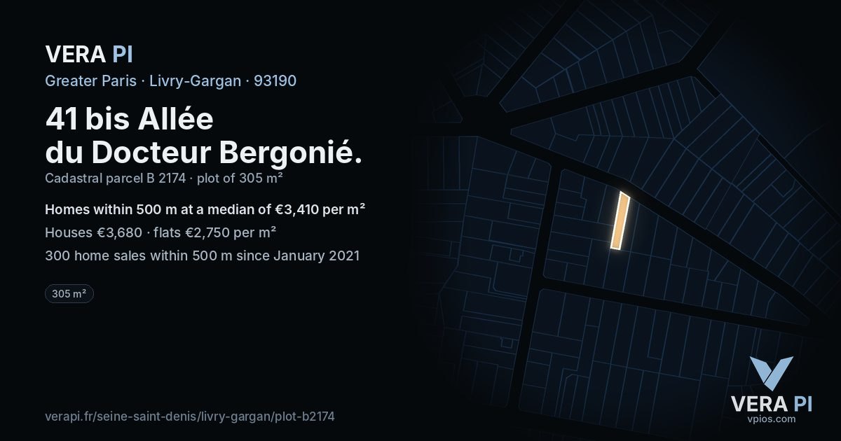 41 bis Allée du Docteur Bergonié, Livry-Gargan at night – the plot lit, the parcels around coloured by the prices near them