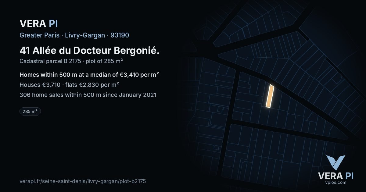 41 Allée du Docteur Bergonié, Livry-Gargan at night – the plot lit, the parcels around coloured by the prices near them
