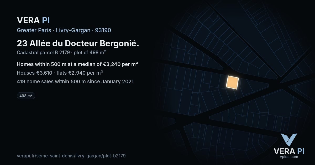23 Allée du Docteur Bergonié, Livry-Gargan at night – the plot lit, the parcels around coloured by the prices near them