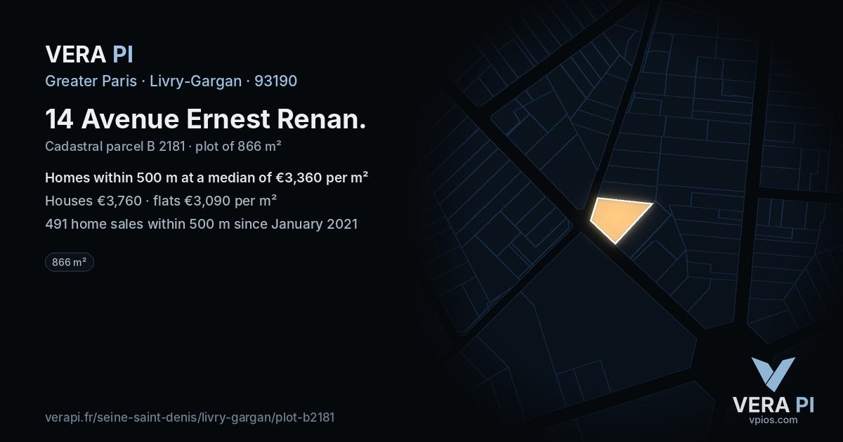 14 Avenue Ernest Renan, Livry-Gargan at night – the plot lit, the parcels around coloured by the prices near them