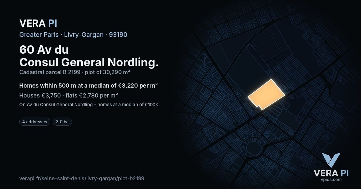 60 Av du Consul General Nordling, Livry-Gargan at night – the plot lit, the parcels around coloured by the prices near them
