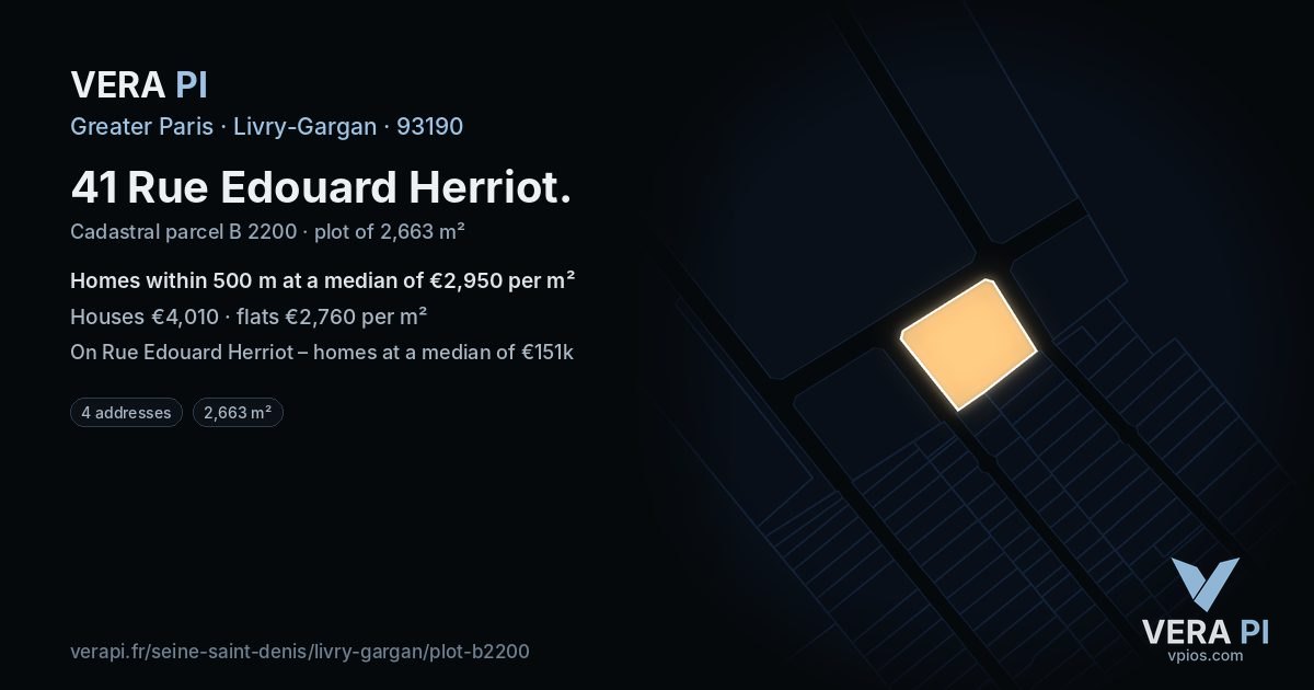 41 Rue Edouard Herriot, Livry-Gargan at night – the plot lit, the parcels around coloured by the prices near them