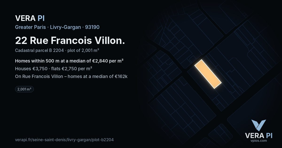 22 Rue Francois Villon, Livry-Gargan at night – the plot lit, the parcels around coloured by the prices near them