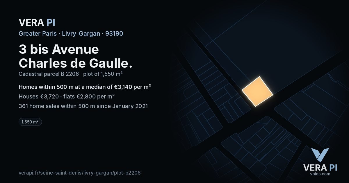 3 bis Avenue Charles de Gaulle, Livry-Gargan at night – the plot lit, the parcels around coloured by the prices near them