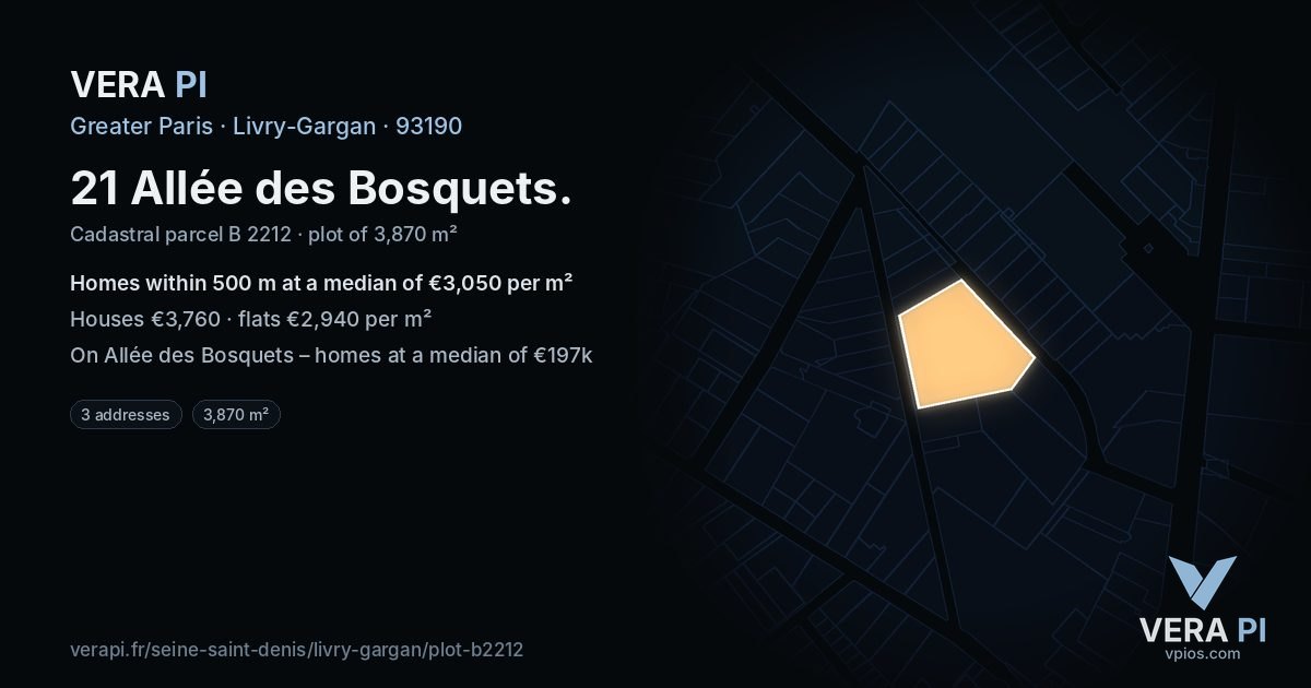 21 Allée des Bosquets, Livry-Gargan at night – the plot lit, the parcels around coloured by the prices near them