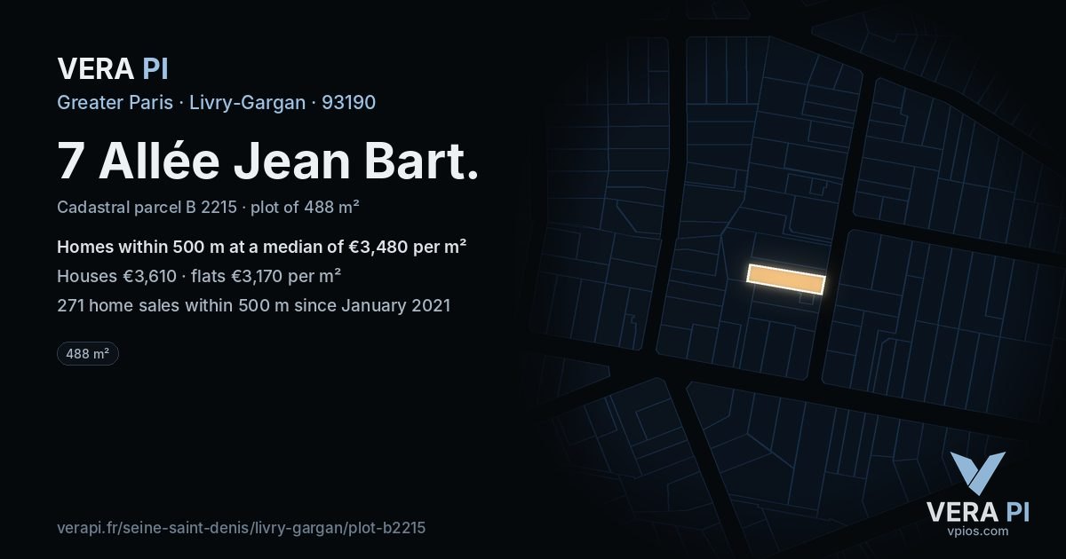 7 Allée Jean Bart, Livry-Gargan at night – the plot lit, the parcels around coloured by the prices near them