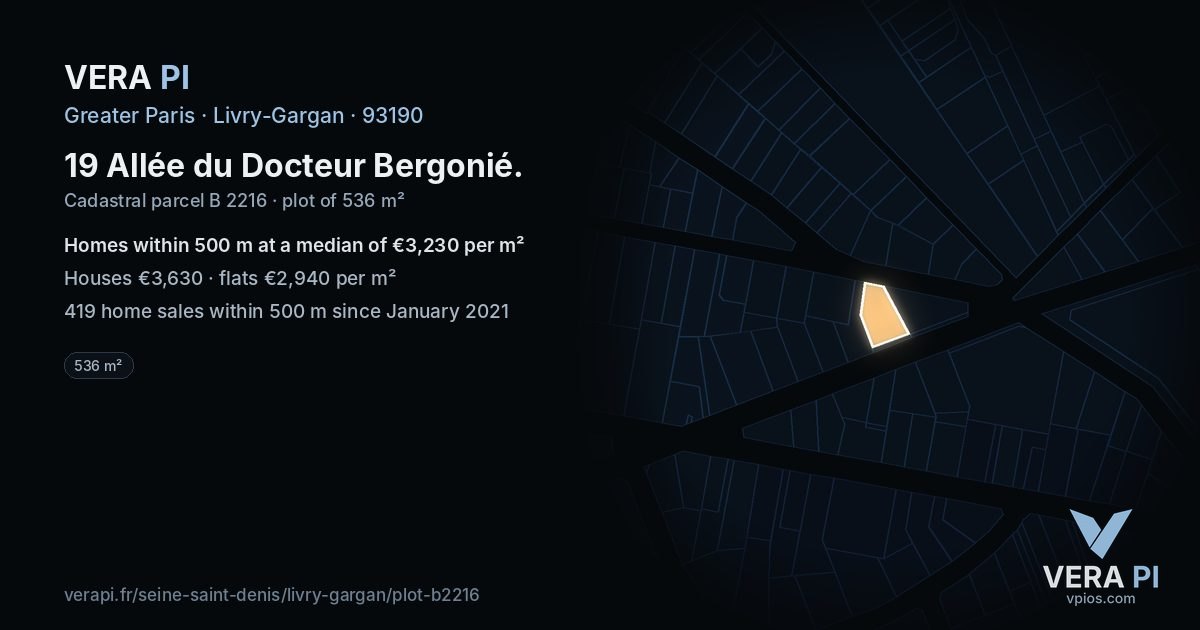 19 Allée du Docteur Bergonié, Livry-Gargan at night – the plot lit, the parcels around coloured by the prices near them