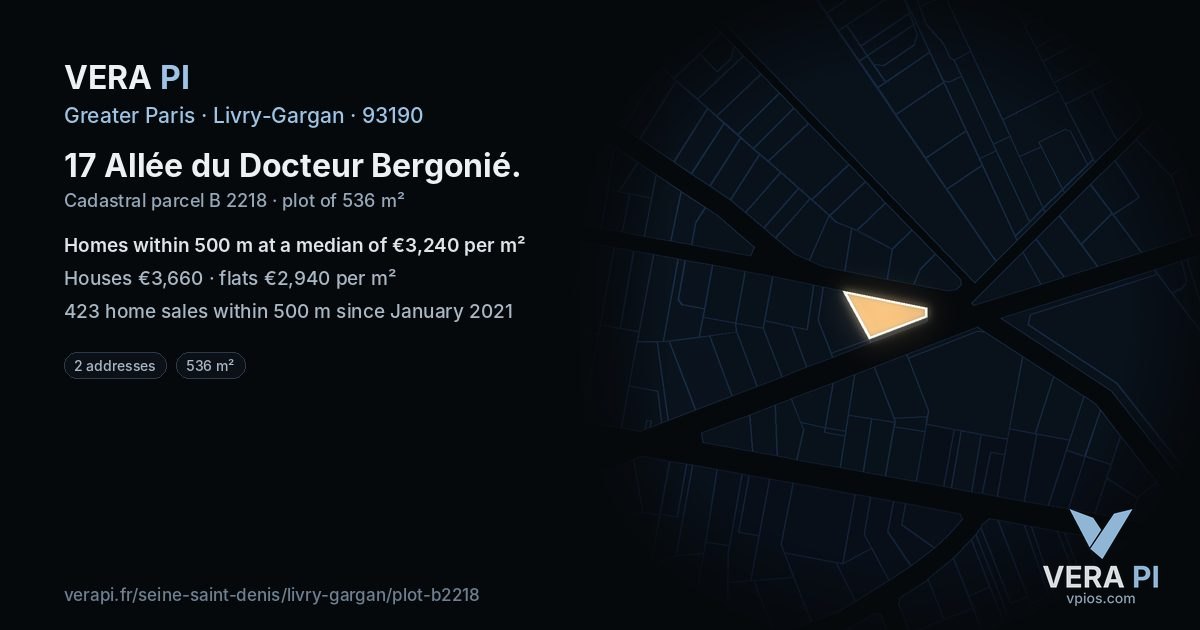 17 Allée du Docteur Bergonié, Livry-Gargan at night – the plot lit, the parcels around coloured by the prices near them