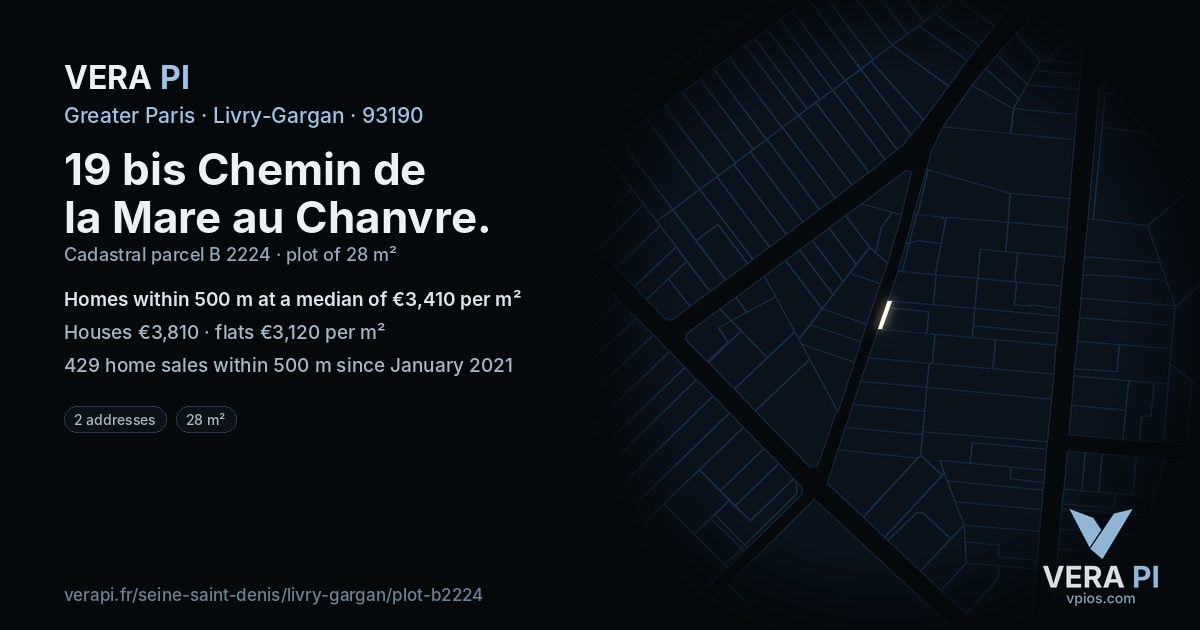 19 bis Chemin de la Mare au Chanvre, Livry-Gargan at night – the plot lit, the parcels around coloured by the prices near them