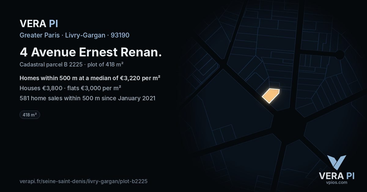 4 Avenue Ernest Renan, Livry-Gargan at night – the plot lit, the parcels around coloured by the prices near them