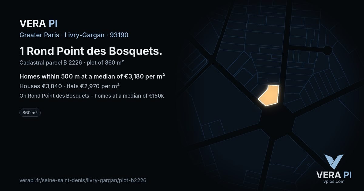 1 Rond Point des Bosquets, Livry-Gargan at night – the plot lit, the parcels around coloured by the prices near them