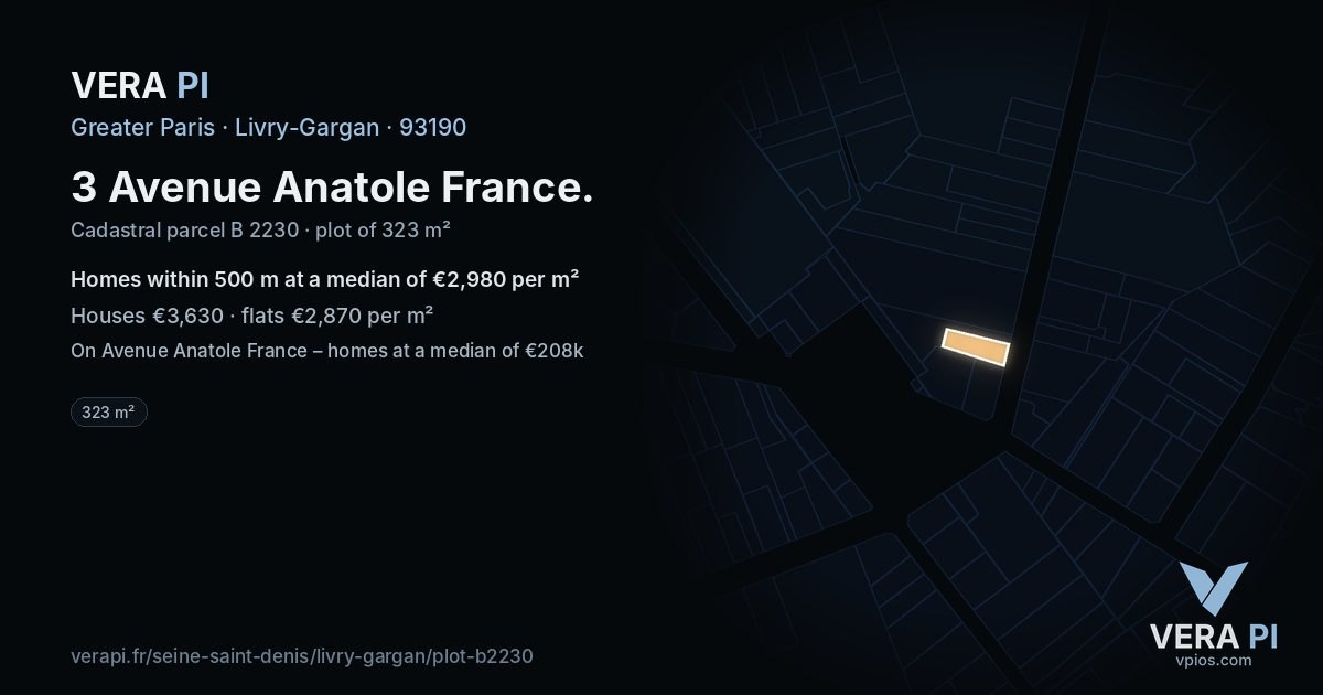 3 Avenue Anatole France, Livry-Gargan at night – the plot lit, the parcels around coloured by the prices near them