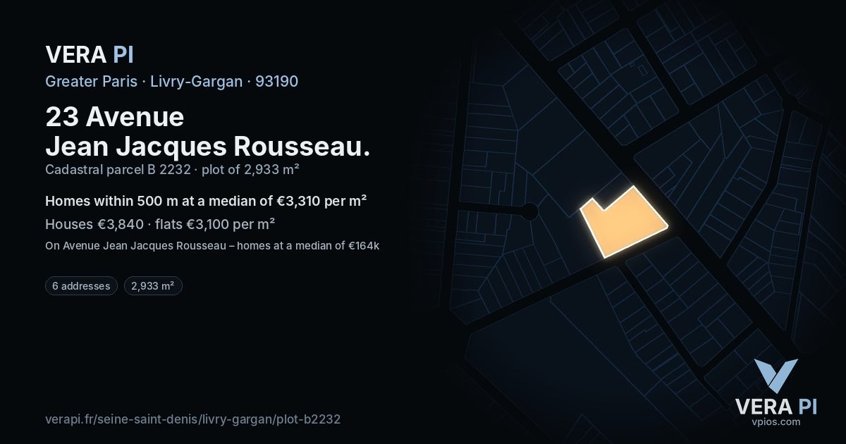 23 Avenue Jean Jacques Rousseau, Livry-Gargan at night – the plot lit, the parcels around coloured by the prices near them