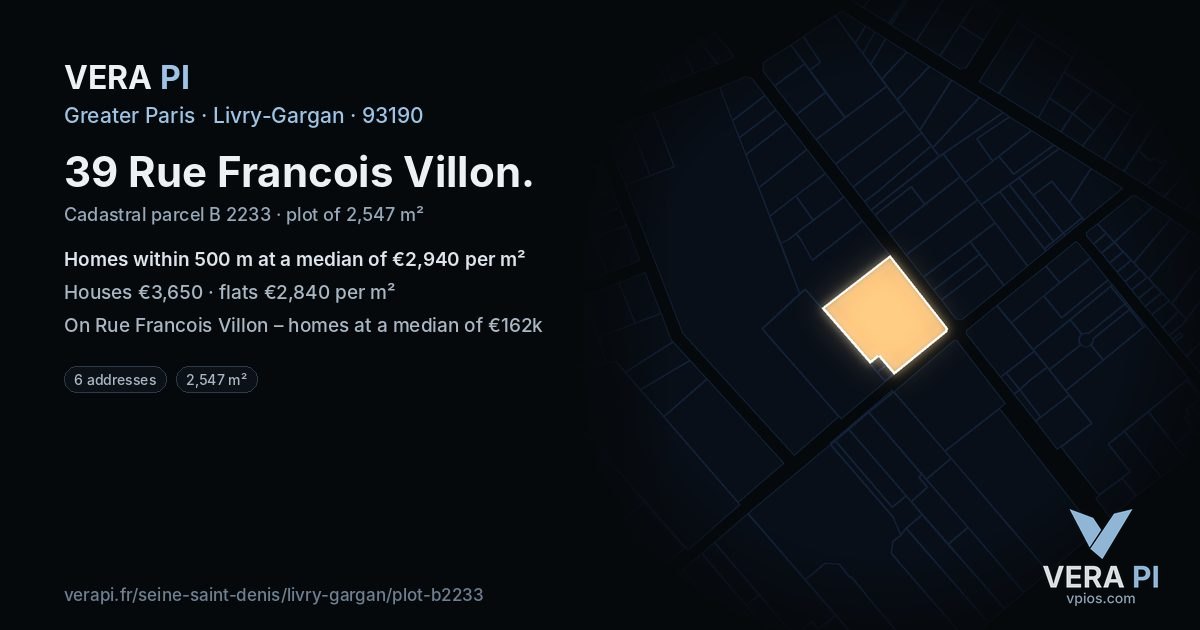 39 Rue Francois Villon, Livry-Gargan at night – the plot lit, the parcels around coloured by the prices near them