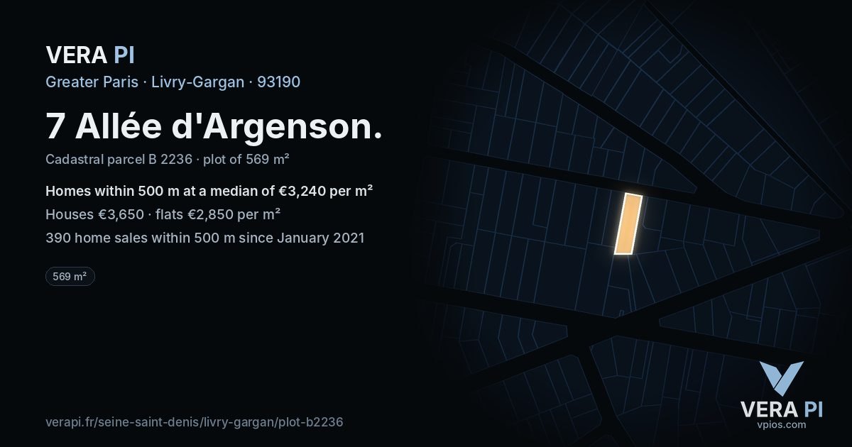 7 Allée d'Argenson, Livry-Gargan at night – the plot lit, the parcels around coloured by the prices near them