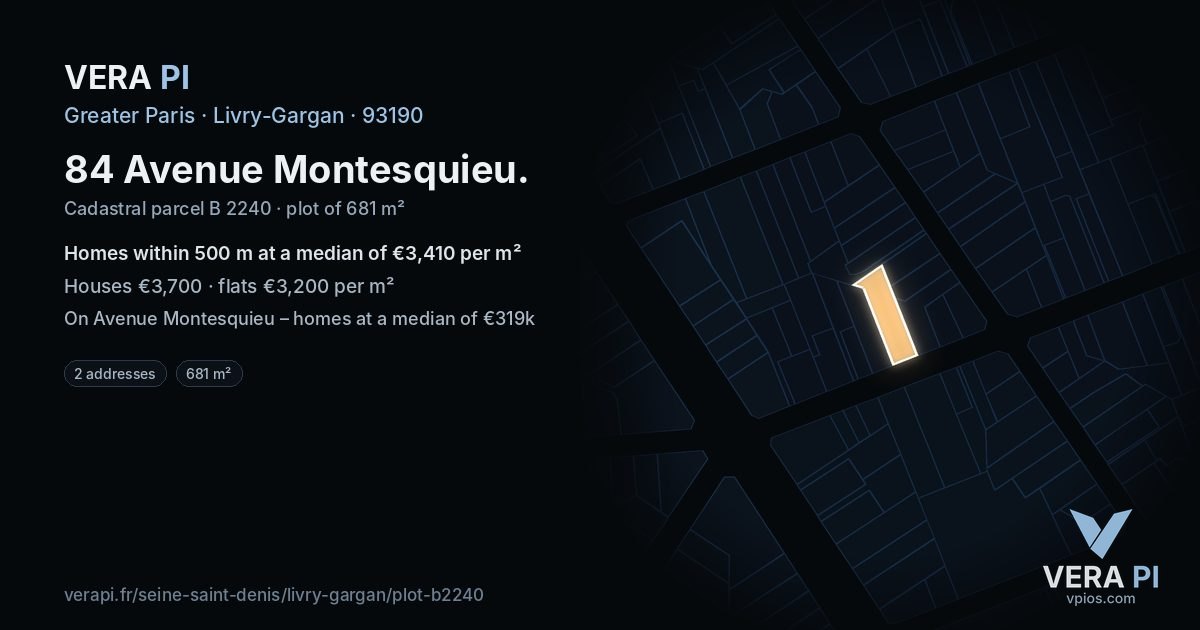 84 Avenue Montesquieu, Livry-Gargan at night – the plot lit, the parcels around coloured by the prices near them