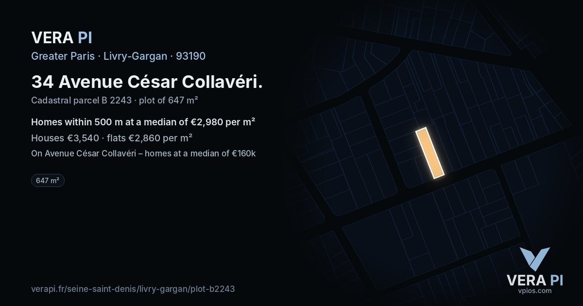 34 Avenue César Collavéri, Livry-Gargan at night – the plot lit, the parcels around coloured by the prices near them