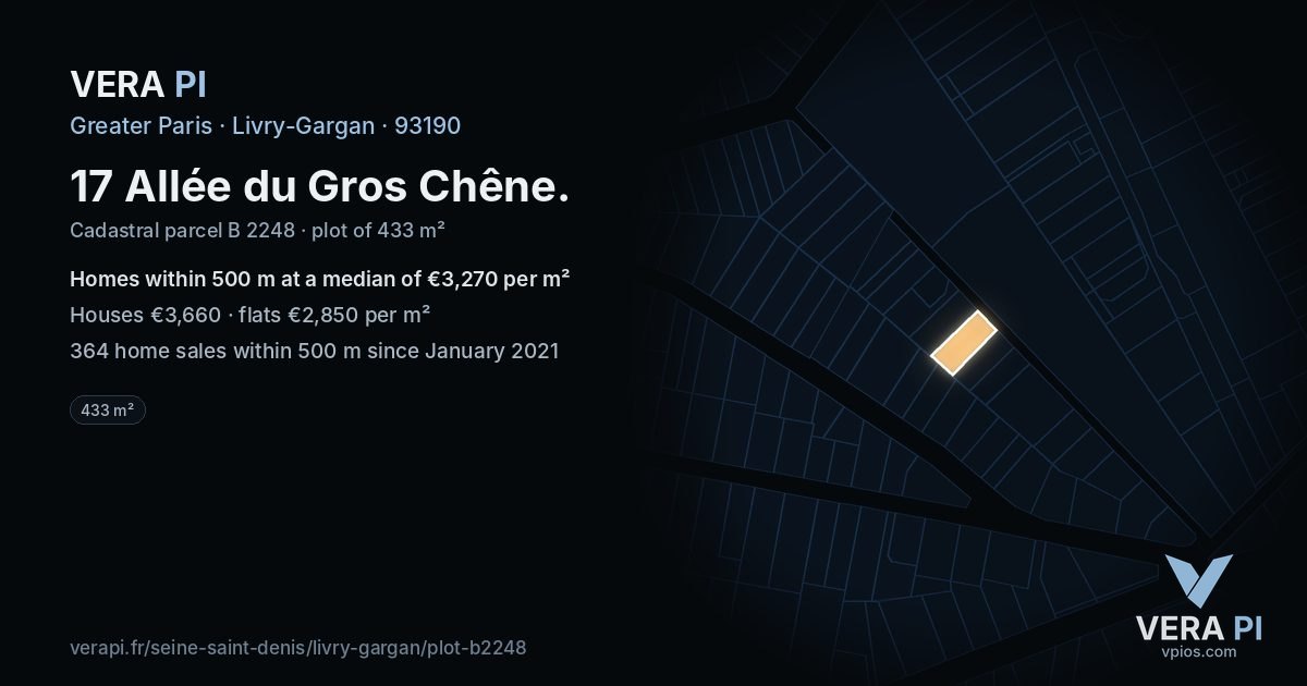 17 Allée du Gros Chêne, Livry-Gargan at night – the plot lit, the parcels around coloured by the prices near them