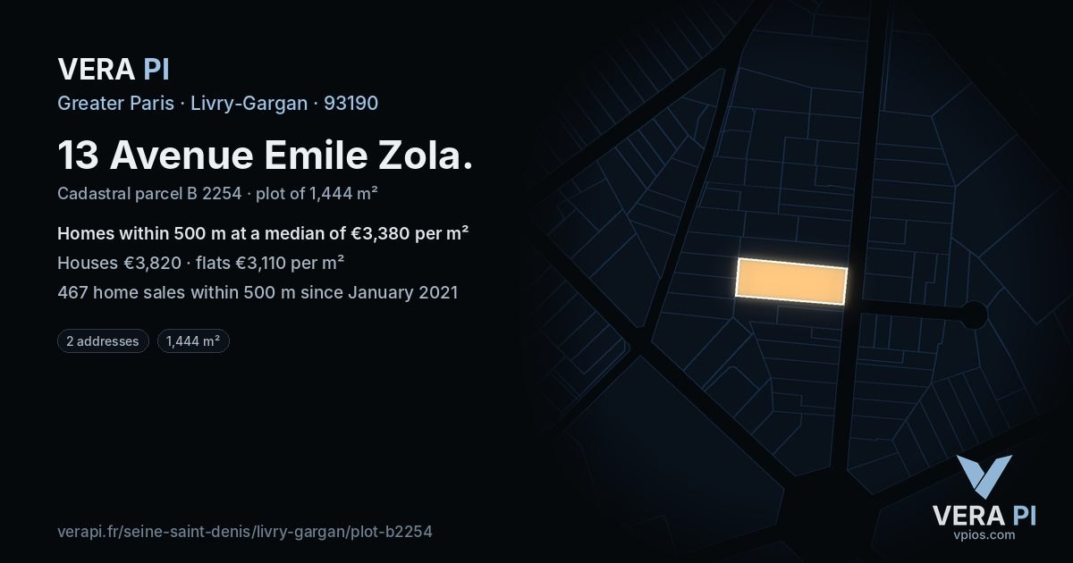 13 Avenue Emile Zola, Livry-Gargan at night – the plot lit, the parcels around coloured by the prices near them
