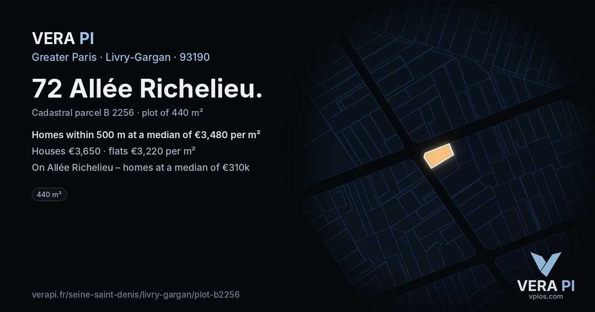 72 Allée Richelieu, Livry-Gargan at night – the plot lit, the parcels around coloured by the prices near them