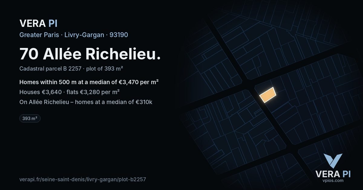 70 Allée Richelieu, Livry-Gargan at night – the plot lit, the parcels around coloured by the prices near them