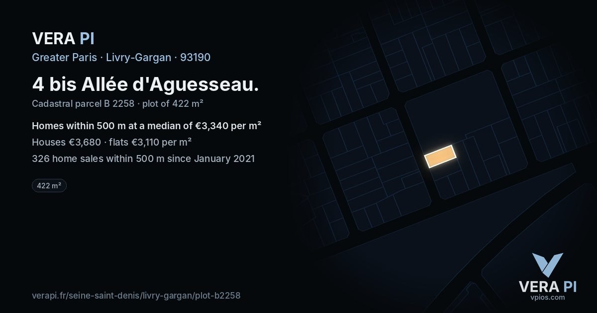 4 bis Allée d'Aguesseau, Livry-Gargan at night – the plot lit, the parcels around coloured by the prices near them