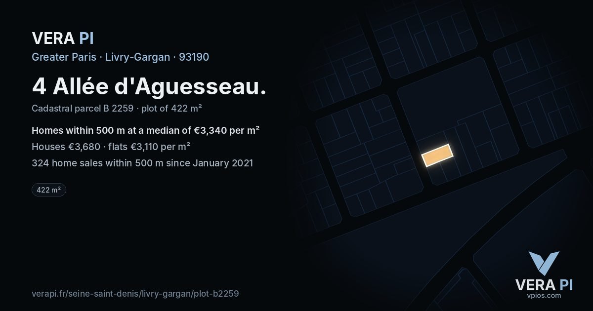 4 Allée d'Aguesseau, Livry-Gargan at night – the plot lit, the parcels around coloured by the prices near them