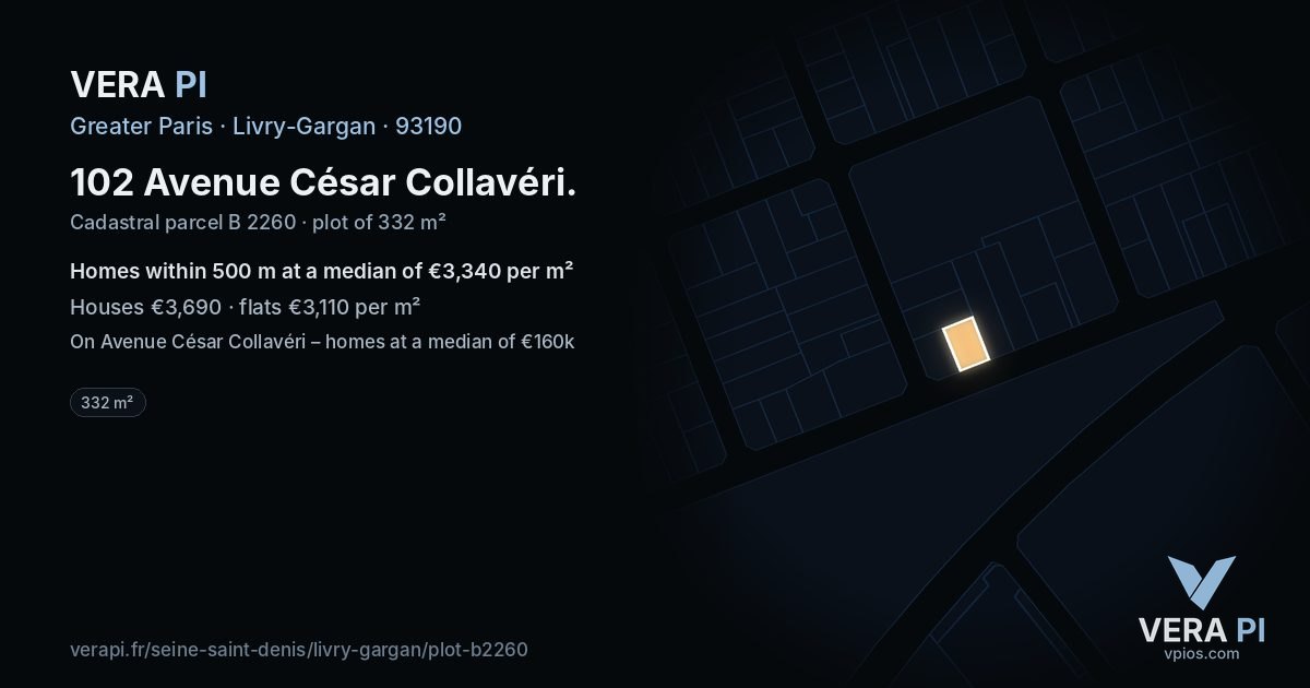 102 Avenue César Collavéri, Livry-Gargan at night – the plot lit, the parcels around coloured by the prices near them