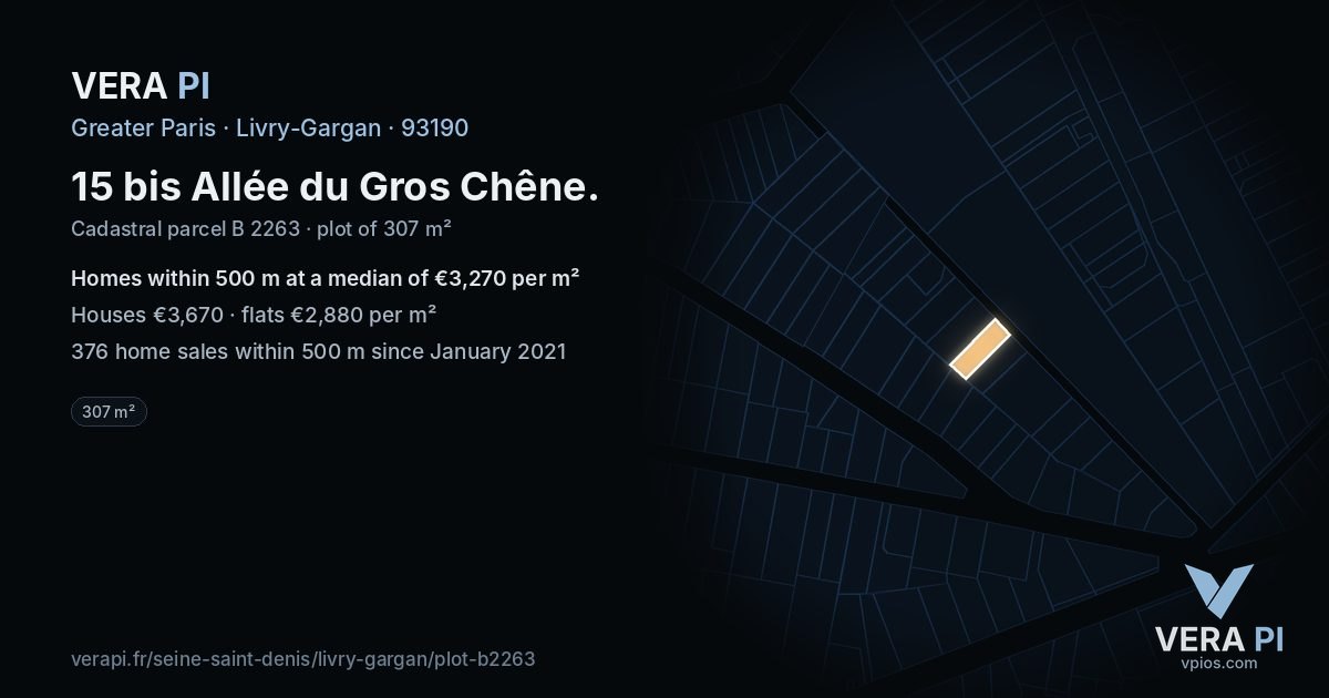 15 bis Allée du Gros Chêne, Livry-Gargan at night – the plot lit, the parcels around coloured by the prices near them