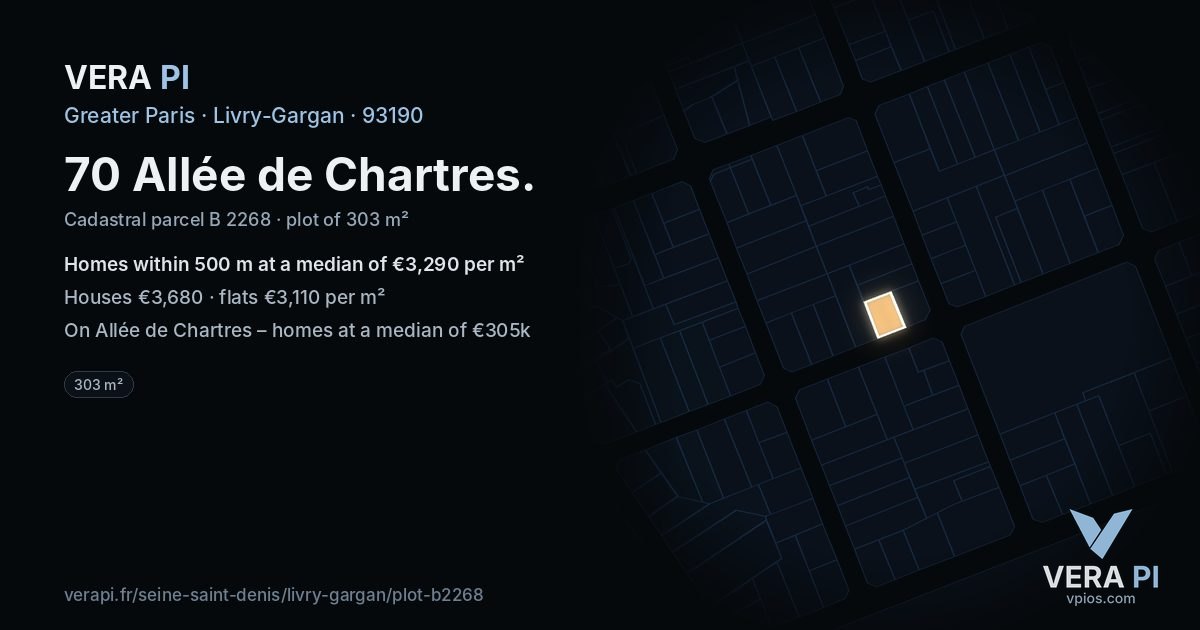 70 Allée de Chartres, Livry-Gargan at night – the plot lit, the parcels around coloured by the prices near them