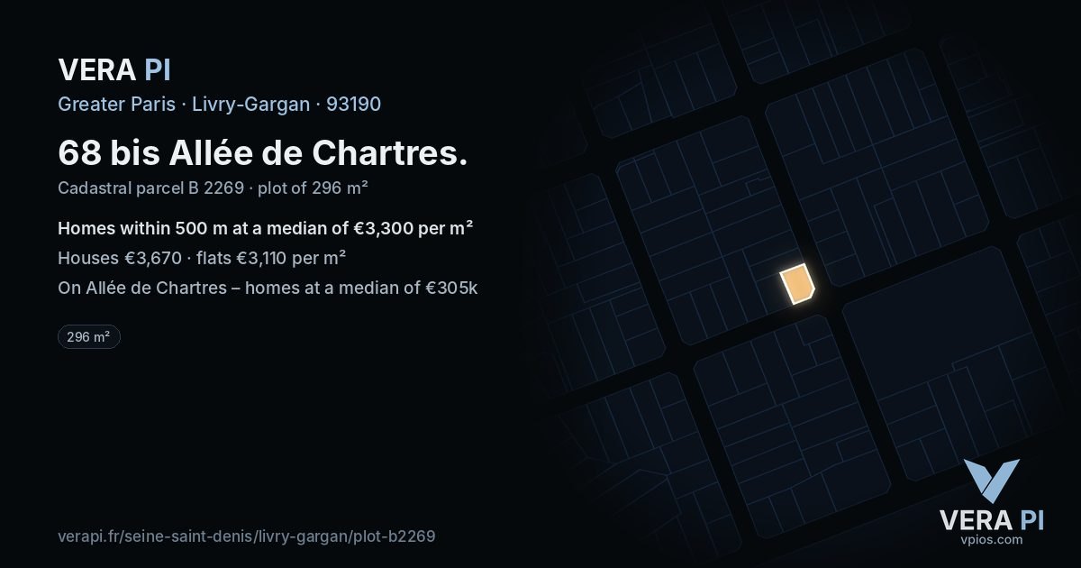 68 bis Allée de Chartres, Livry-Gargan at night – the plot lit, the parcels around coloured by the prices near them